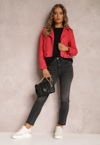 Renee - Czerwona Ramoneska Charlee. Kolor: czerwony. Materiał: jeans, zamsz. Długość rękawa: długi rękaw. Długość: długie. Wzór: aplikacja. Styl: klasyczny, wizytowy #3