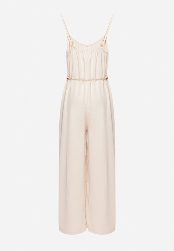 Born2be - Jasnobeżowy Kombinezon na Cienkich Regulowanych Ramiączkach ze Ściągaczem w Talii Huetta. Okazja: na co dzień. Kolor: beżowy. Materiał: jeans. Długość rękawa: na ramiączkach. Długość: długie. Styl: elegancki, sportowy, casual