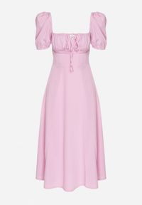 Born2be - Różowa Sukienka w Rustykalnym Stylu z Wiązaniem przy Dekolcie i Rozcięciem Idanillea. Okazja: na spacer, na co dzień. Typ kołnierza: dekolt kwadratowy. Kolor: różowy. Typ sukienki: rozkloszowane. Styl: casual #7