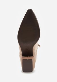 Renee - Ciemnobeżowe Botki w Stylu Kowbojek Vices na Stożku Ozdobione Haftem Xalfedi. Kolor: beżowy. Materiał: jeans. Wzór: aplikacja, haft. Obcas: na stożku. Styl: elegancki. Wysokość obcasa: średni #5