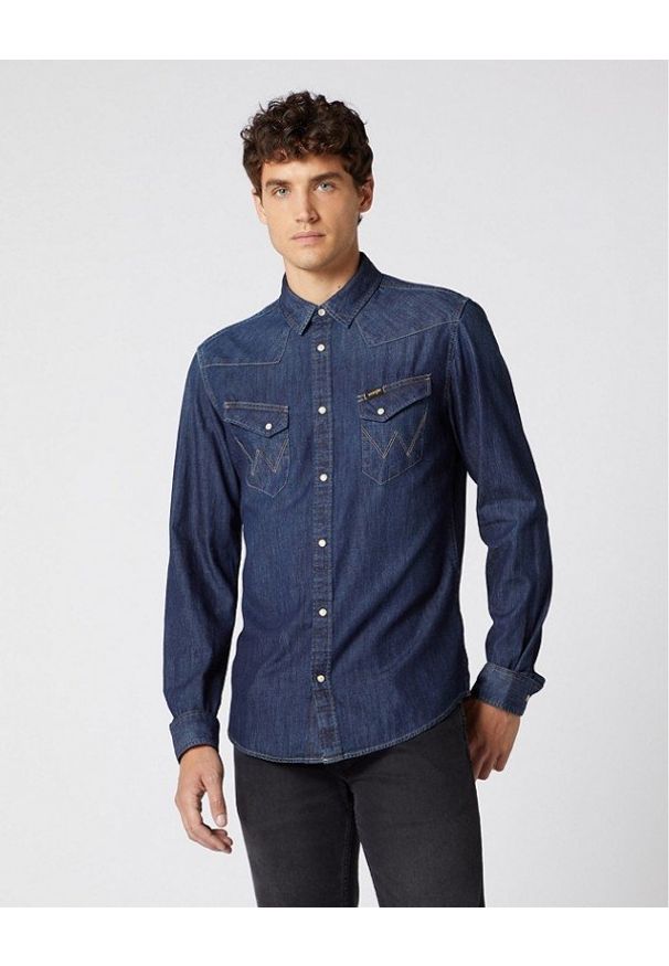 Wrangler - MĘSKA KOSZULA JEANSOWA WRANGLER WESTERN DENIM SHIRT DARK INDIGO W5974O71E. Materiał: jeans, denim