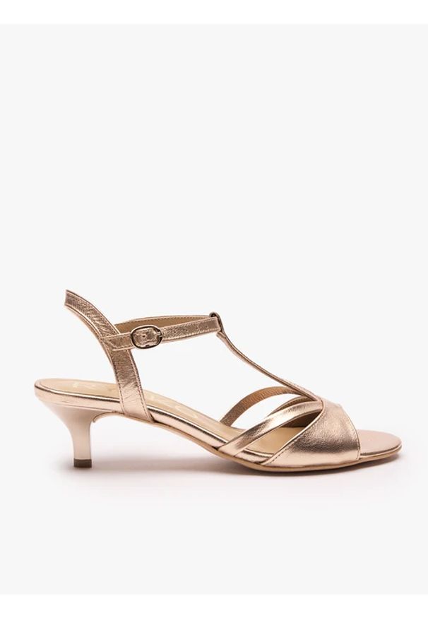 Ryłko - Platynowe sandały t-bar na obcasie. Nosek buta: okrągły. Zapięcie: sprzączka. Kolor: beżowy. Materiał: skóra. Obcas: na obcasie. Styl: street. Wysokość obcasa: średni