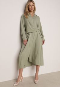 Born2be - Zielona Wiskozowa Sukienka Koszulowa z Marszczeniem i Guzikiem w Talii Lennatha. Okazja: na co dzień. Kolor: zielony. Materiał: wiskoza. Typ sukienki: koszulowe. Styl: casual, elegancki, klasyczny #6