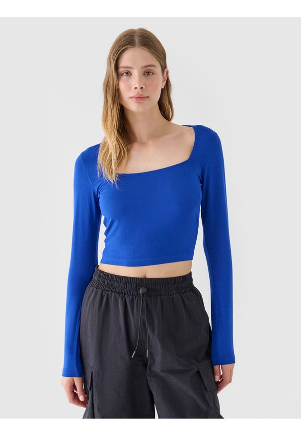4f - 4F Longsleeve slim gładki damski - niebieski M. Okazja: na co dzień. Typ kołnierza: dekolt w karo. Kolor: niebieski. Długość: długie. Wzór: gładki. Materiał: materiał, elastan, jersey, dzianina, wiskoza. Długość rękawa: długi rękaw. Sezon: lato, wiosna. Styl: casual, klasyczny, sportowy