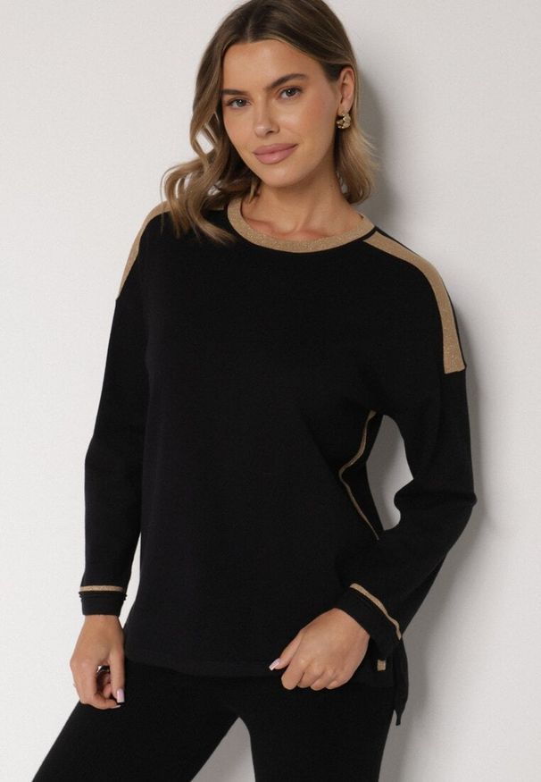 Born2be - Czarny Sweter z Bawełną i Metaliczną Nicią Tusima. Kolor: czarny. Materiał: bawełna. Styl: klasyczny, elegancki