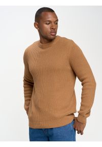 Big-Star - Sweter męski klasyczny brązowy Riko 803. Okazja: na co dzień. Kolor: brązowy. Materiał: bawełna. Wzór: ze splotem, prążki. Styl: klasyczny