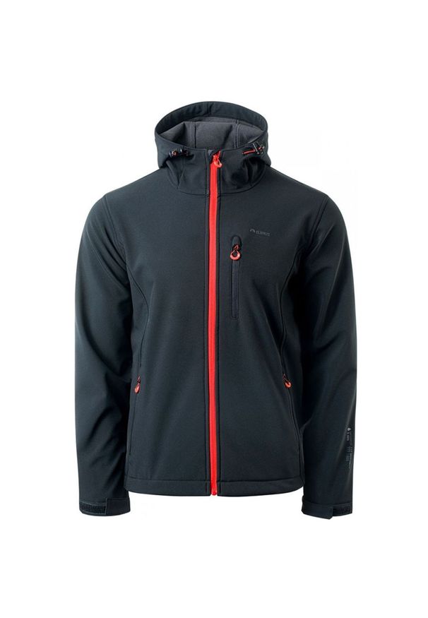 Kurtka męska Softshell Elbrus Iver - czarno-pomarańczowa, Rozmiar M. Typ kołnierza: kołnierzyk stójkowy. Kolor: czarny, pomarańczowy, wielokolorowy. Materiał: softshell. Sport: wspinaczka