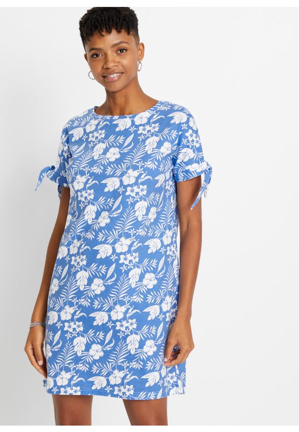 bonprix - Sukienka z dżerseju w kwiaty. Kolor: niebieski. Materiał: jersey. Wzór: kwiaty
