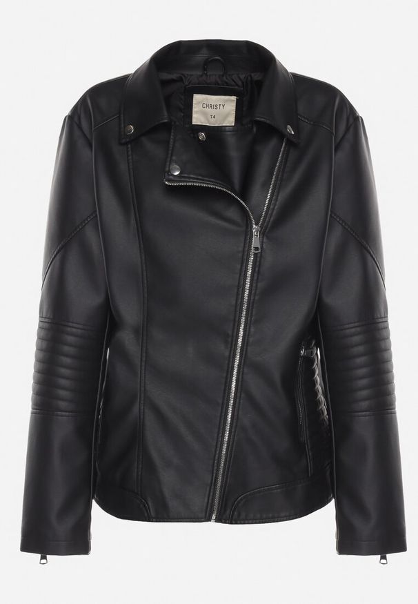 Born2be - Czarna Kurtka Ramoneska z Ekoskóry z Ozdobnymi Paskami na Napy Bellassa. Typ kołnierza: kołnierzyk stójkowy. Kolekcja: plus size. Kolor: czarny. Wzór: paski