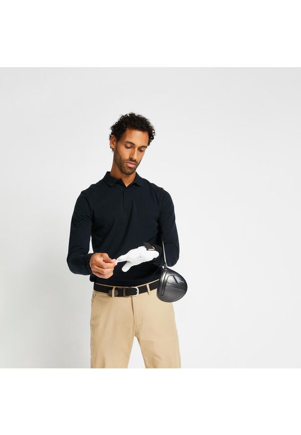 INESIS - Koszulka do golfa polo z długim rękawem męska MW500. Typ kołnierza: golf, polo. Kolor: czarny. Materiał: poliester, materiał, bawełna. Długość rękawa: długi rękaw. Długość: długie. Styl: sportowy