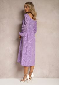 Renee - Fioletowa Midi Sukienka Rozkloszowana w Kropki Gernia. Kolor: fioletowy. Wzór: kropki. Styl: elegancki. Długość: midi