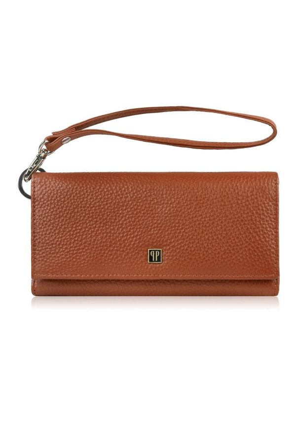 PAOLO PERUZZI - Portfel damski skórzany duży z miejscem na telefon kopertówka koniakowa damska Paolo Peruzzi T-141-CG. Materiał: skóra