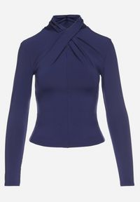 Born2be - Granatowa Bluzka z Półgolfem Ozdobiona Drapowaniem Binare. Okazja: na co dzień. Kolor: niebieski. Materiał: jeans, wiskoza. Wzór: aplikacja. Styl: klasyczny, elegancki, casual