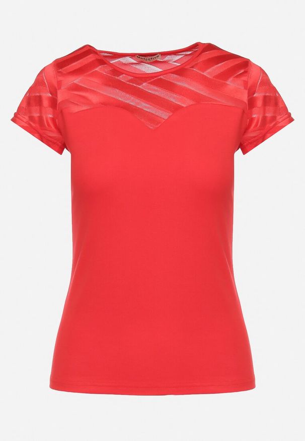 Born2be - Czerwony Wiskozowy T-shirt z Siateczkowym Dekoltem i Welurowym Nadrukiem Gefattia. Okazja: na co dzień. Kolor: czerwony. Materiał: welur, wiskoza. Wzór: nadruk. Styl: elegancki, casual