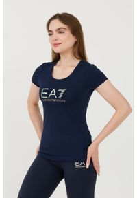 EA7 Emporio Armani - EA7 Granatowy damski t-shirt ze srebrnym logo, Rozmiar M. Kolor: niebieski #4