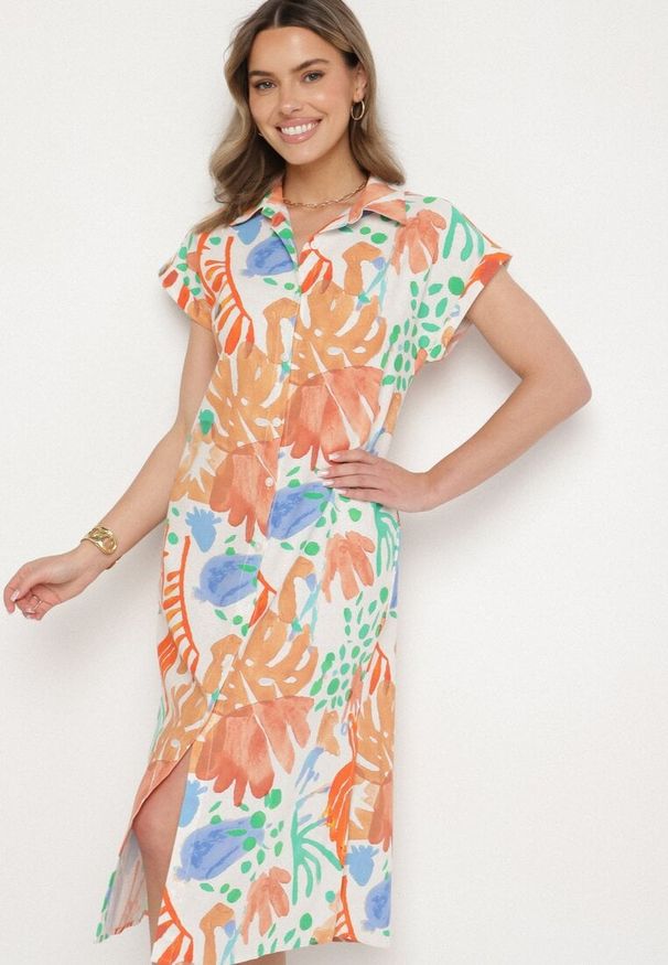 Born2be - Beżowa Bawełniana Sukienka o Koszulowym Kroju z Kieszeniami Middia. Okazja: na co dzień. Typ kołnierza: kołnierzyk klasyczny. Kolor: beżowy. Materiał: bawełna. Typ sukienki: koszulowe. Styl: klasyczny, casual, elegancki