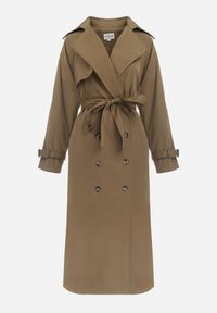Born2be - Brązowy Długi Płaszcz Trencz Dwurzędowy z Paskiem w Talii Cadenite. Typ kołnierza: kolnierz wykładany. Kolor: brązowy. Długość: długie #7
