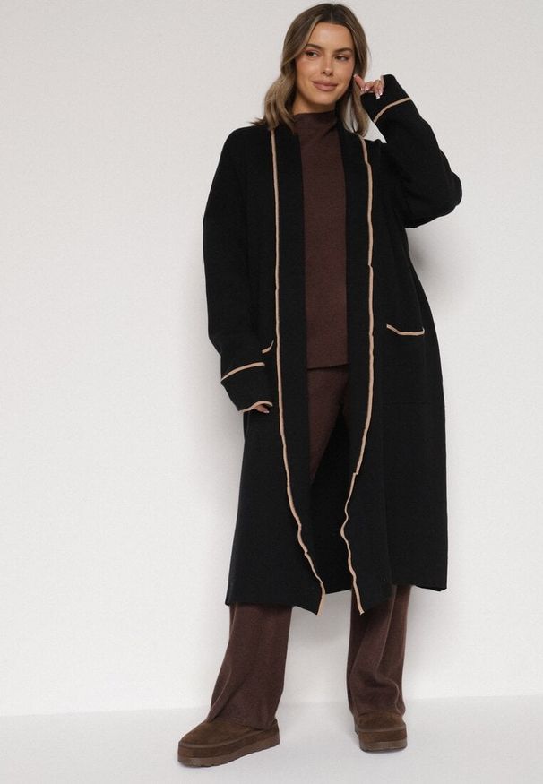 Born2be - Czarny Długi Niezapinany Kardigan Ozdobiony Lamówką Veritusa. Okazja: na co dzień. Kolor: czarny. Materiał: jeans. Długość: długie. Wzór: aplikacja. Styl: klasyczny, casual