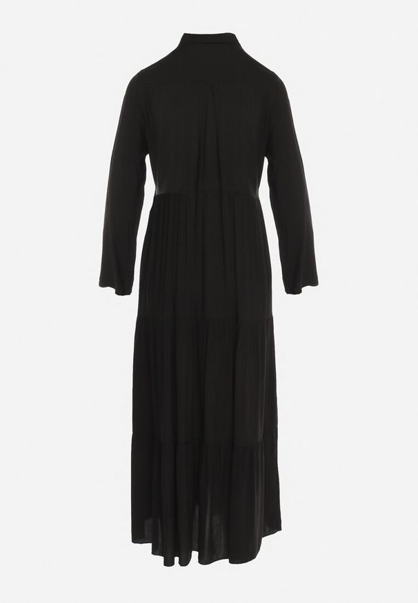 Born2be - Czarna Rozkloszowana Sukienka Maxi z Bawełny w Koszulowym Stylu Onecca. Okazja: na co dzień. Kolor: czarny. Materiał: bawełna. Wzór: aplikacja. Typ sukienki: koszulowe. Styl: casual. Długość: maxi