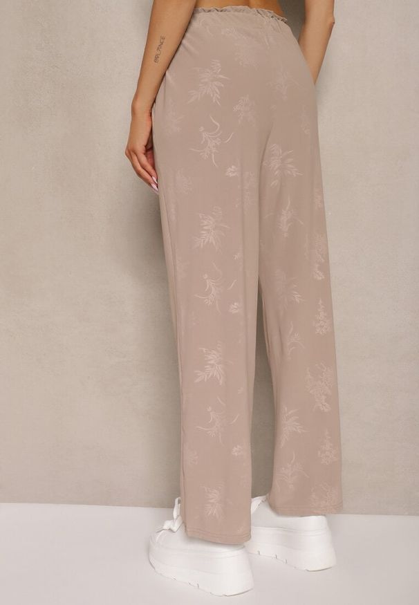 Renee - Beżowe Proste Spodnie z Gumką w Pasie i Wiązaniem Mirenela. Okazja: na co dzień. Kolor: beżowy. Sezon: lato, wiosna. Styl: elegancki, casual