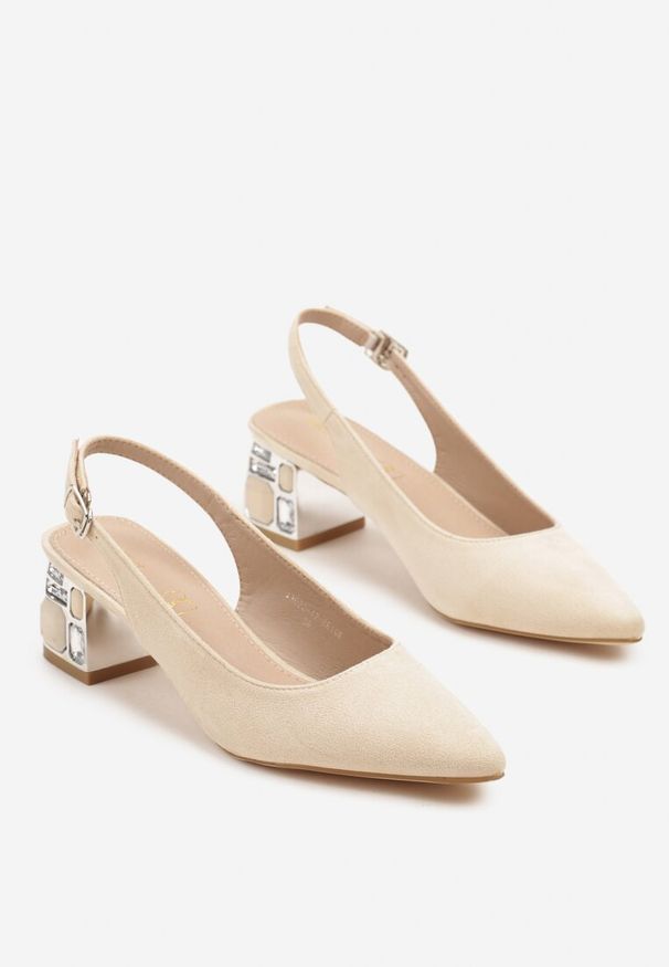 Renee - Beżowe Sandały Vices na Ozdobnym Słupku Typu Slingback ze Skórzaną Wkładką Eraliora. Okazja: na co dzień. Zapięcie: sprzączka. Kolor: beżowy. Materiał: skóra. Obcas: na słupku. Styl: casual, elegancki