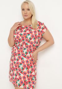Born2be - Beżowo-Czerwona Pudełkowa Sukienka z Wiskozy Wiązana Sznurkiem w Talii Tiamadine. Okazja: na co dzień, na randkę, na spotkanie biznesowe. Kolor: beżowy. Materiał: wiskoza. Długość rękawa: krótki rękaw. Wzór: kwiaty. Styl: casual, biznesowy, klasyczny #7