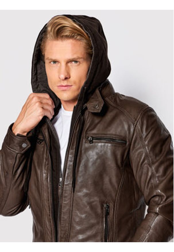 Serge Pariente Kurtka skórzana Erico Hood Brązowy Regular Fit. Kolor: brązowy. Materiał: skóra
