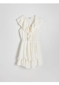 Reserved - Sukienka mini z falbanami - złamana biel. Materiał: bawełna, tkanina, wiskoza. Wzór: gładki. Długość: mini
