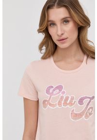 Liu Jo t-shirt bawełniany kolor różowy. Okazja: na co dzień. Kolor: różowy. Materiał: bawełna. Wzór: aplikacja. Styl: casual