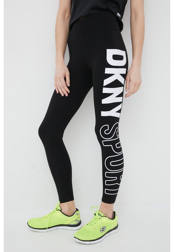 DKNY - Dkny legginsy damskie kolor czarny z nadrukiem. Stan: podwyższony. Kolor: czarny. Materiał: skóra, dzianina. Wzór: nadruk