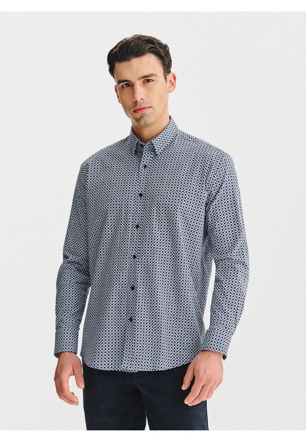 Pako Lorente - PAKO LORENTE – Granatowa koszula we wzór geometryczny. Kolor: niebieski. Materiał: bawełna, elastan. Długość rękawa: długi rękaw. Długość: długie. Wzór: geometria