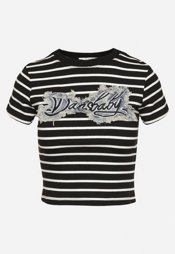 Born2be - Czarno-Biały Bawełniany T-shirt w Paski z Jeansową Naszywką i Napisem Velviola. Okazja: na spacer, na co dzień. Kolor: czarny. Materiał: bawełna, jeans. Wzór: aplikacja, napisy, paski. Styl: elegancki, casual