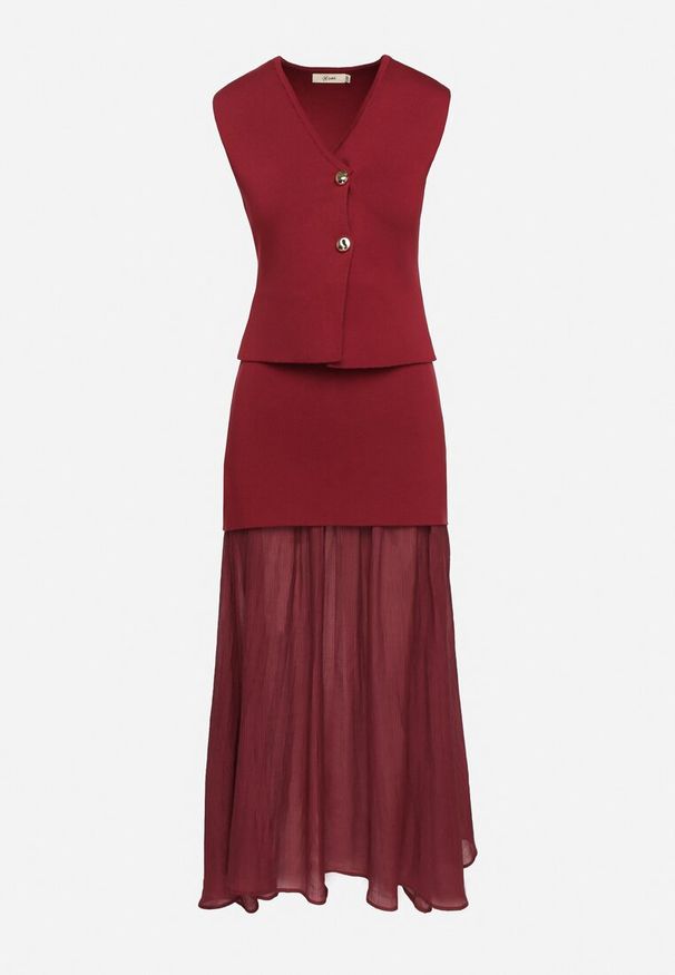 Born2be - Bordowy Dzianinowy Komplet z Wiskozą Kamizelka na Guziki i Rozkloszowana Spódnica Felinelle. Kolor: czerwony. Materiał: wiskoza, dzianina. Wzór: bez wzorów