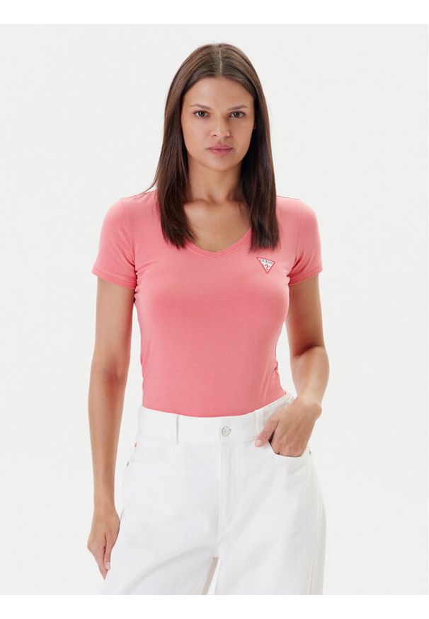 Guess T-Shirt W2YI45 J1314 Różowy Slim Fit. Kolor: różowy. Materiał: bawełna