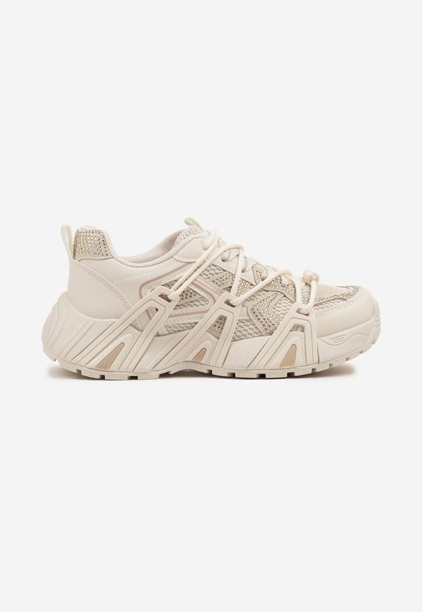 Renee - Beżowe Sneakersy na Platformie z Cyrkoniami i Geometrycznym Wzorem Lavivione. Okazja: na co dzień. Kolor: beżowy. Materiał: jeans. Wzór: geometria. Obcas: na platformie