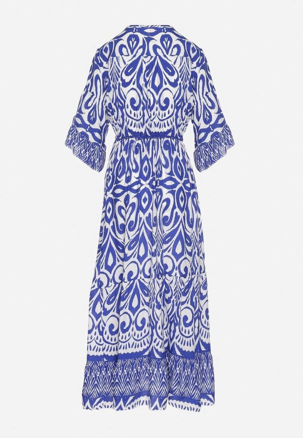 Born2be - Niebieska Sukienka Bawełniana w Ornamentalny Wzór z Gumką w Talii Orrielle. Okazja: na co dzień. Typ kołnierza: dekolt w serek. Kolor: niebieski. Materiał: bawełna. Typ sukienki: sportowe. Styl: casual, sportowy