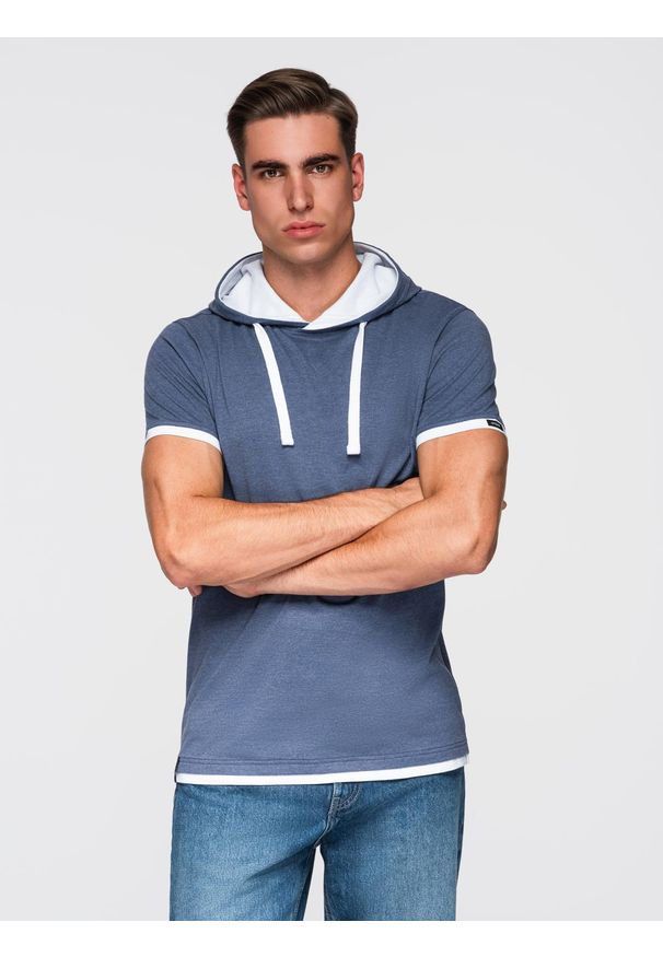 Ombre Clothing - Męski t-shirt bawełniany z kapturem – ciemnoniebieski melanż V12 - Rozmiar: M. Okazja: na co dzień. Typ kołnierza: kaptur. Kolor: niebieski. Materiał: bawełna. Wzór: melanż. Styl: klasyczny, casual, elegancki