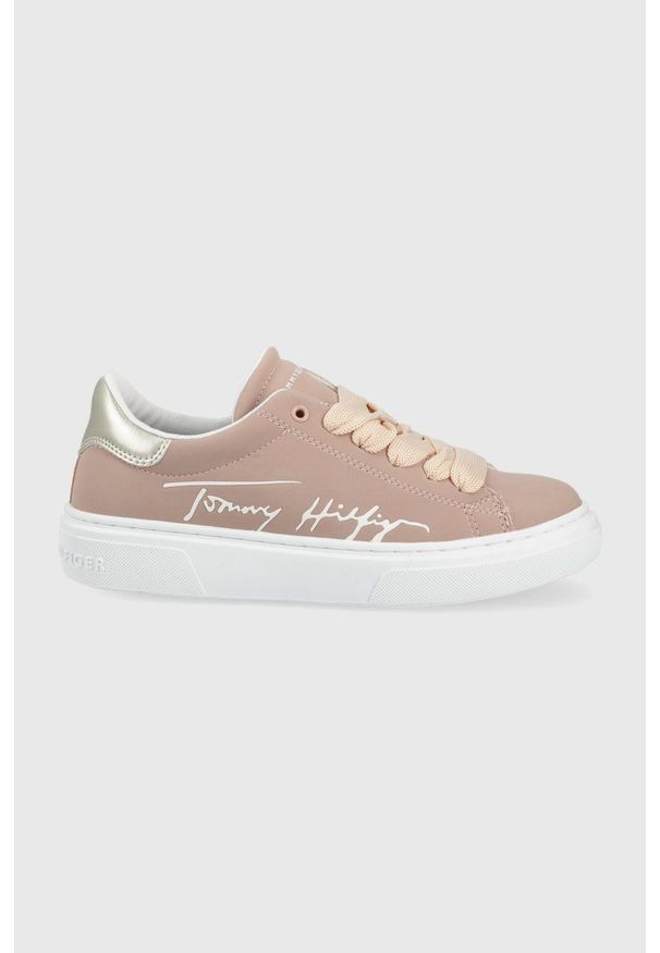 TOMMY HILFIGER - Tommy Hilfiger sneakersy dziecięce kolor różowy. Nosek buta: okrągły. Zapięcie: rzepy. Kolor: różowy. Materiał: materiał, włókno, guma