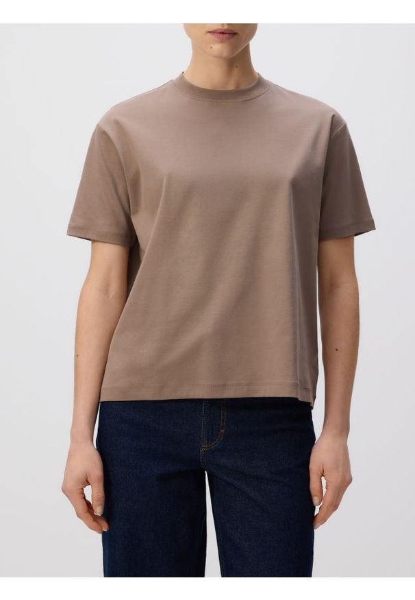 Reserved - T-shirt oversize z merceryzowanej bawełny - brązowy. Kolor: brązowy. Materiał: bawełna