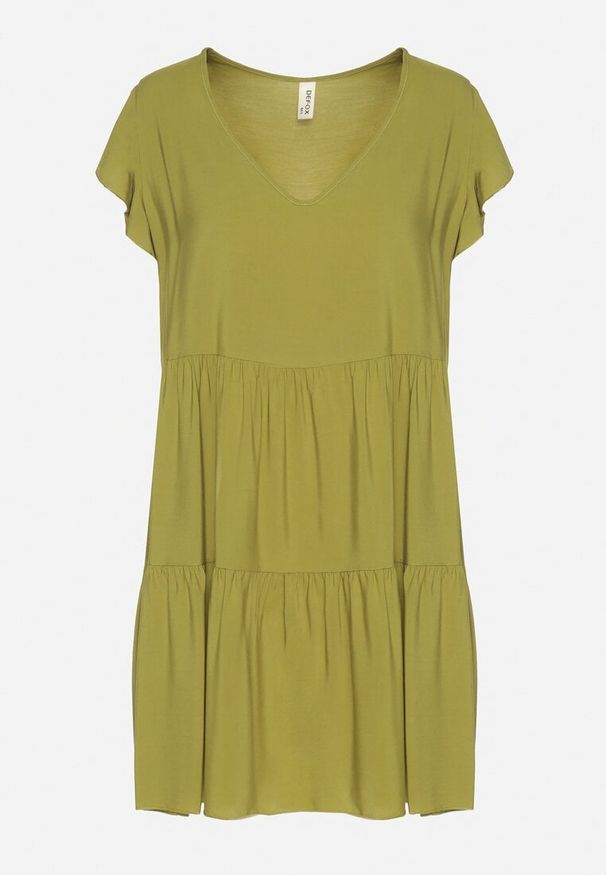 Born2be - Zielona Rozkloszowana Sukienka z Bawełny Ozdobiona Falbankami Natiriane. Okazja: na co dzień. Typ kołnierza: kołnierz z falbankami. Kolor: zielony. Materiał: bawełna. Wzór: aplikacja. Sezon: wiosna, lato. Styl: elegancki, casual