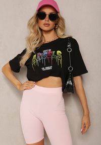 Renee - Czarny Bawełniany T-shirt Crop Top z Ozdobną Aplikacją Axindra. Kolor: czarny. Materiał: bawełna. Wzór: aplikacja #1