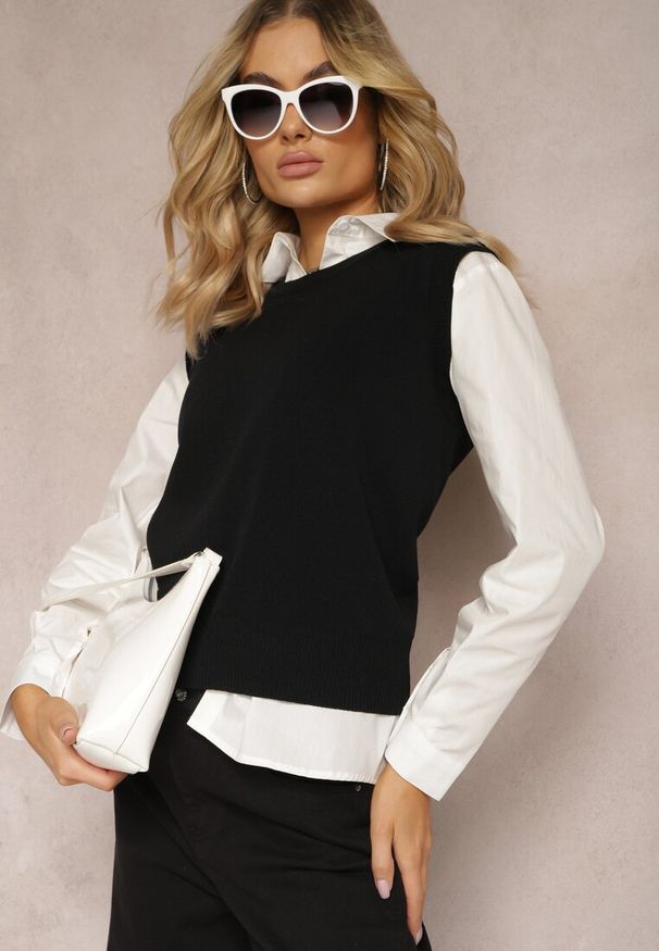 Renee - Czarna Kamizelka z Klasyczną Koszulą Nellamira. Okazja: na co dzień, na spotkanie biznesowe. Kolor: czarny. Materiał: prążkowany, wiskoza, jeans. Styl: klasyczny