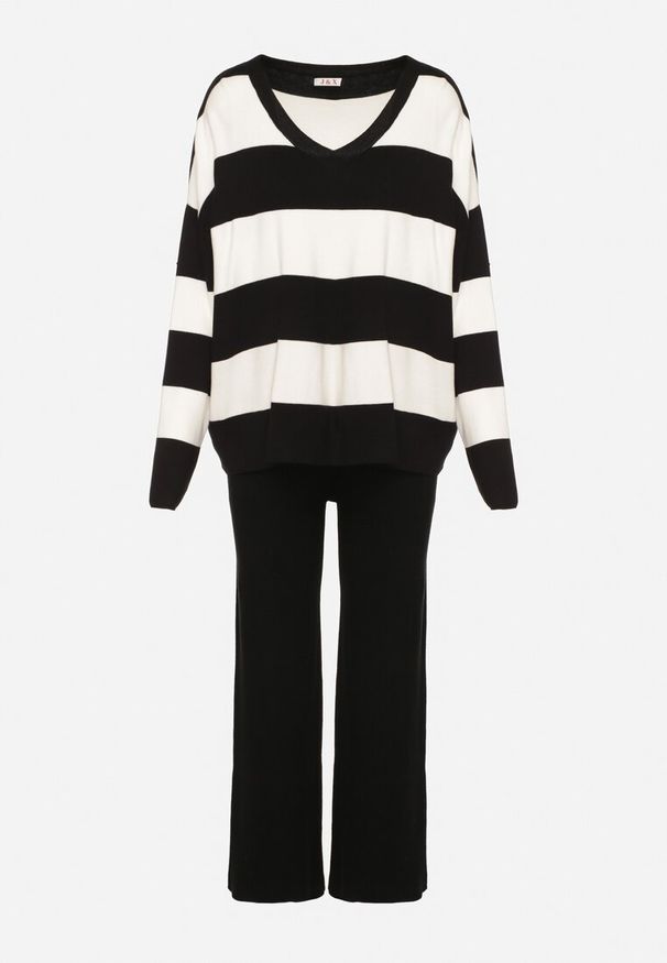 Born2be - Czarny Dzianinowy Komplet Szerokie Spodnie i Sweter w Paski Falesea. Kolor: czarny. Materiał: dzianina. Wzór: paski