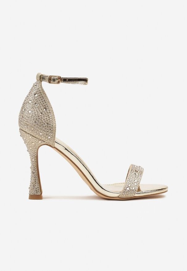 Renee - Złote Sandały Vices na Szpilce Ozdobione Cyrkoniami Zimena. Zapięcie: sprzączka. Kolor: złoty. Wzór: aplikacja. Obcas: na szpilce. Styl: glamour, elegancki
