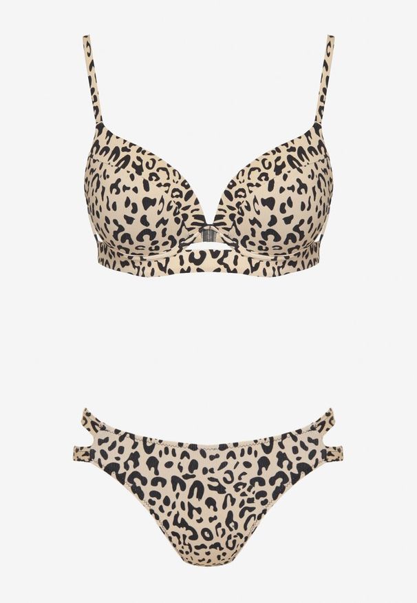 Born2be - Beżowe Bikini w Panterkę Biustonosz i Majtki Figi z Wycięciami Savettea. Kolor: beżowy. Wzór: motyw zwierzęcy