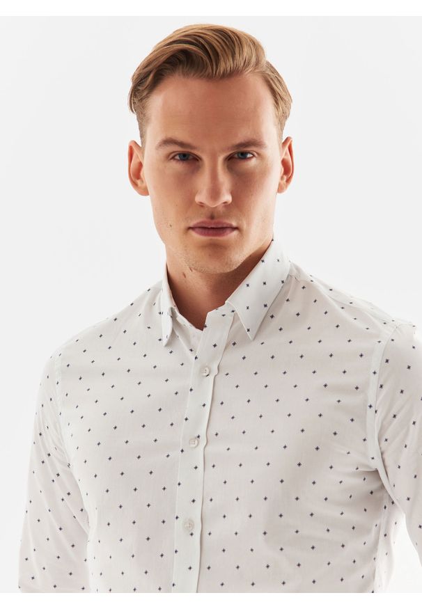 Pako Lorente - PAKO LORENTE – Biała koszula męska w granatowy drobny print. Typ kołnierza: kołnierzyk klasyczny. Kolor: biały, niebieski, wielokolorowy. Materiał: elastan, bawełna. Długość rękawa: długi rękaw. Długość: długie. Wzór: nadruk. Styl: klasyczny