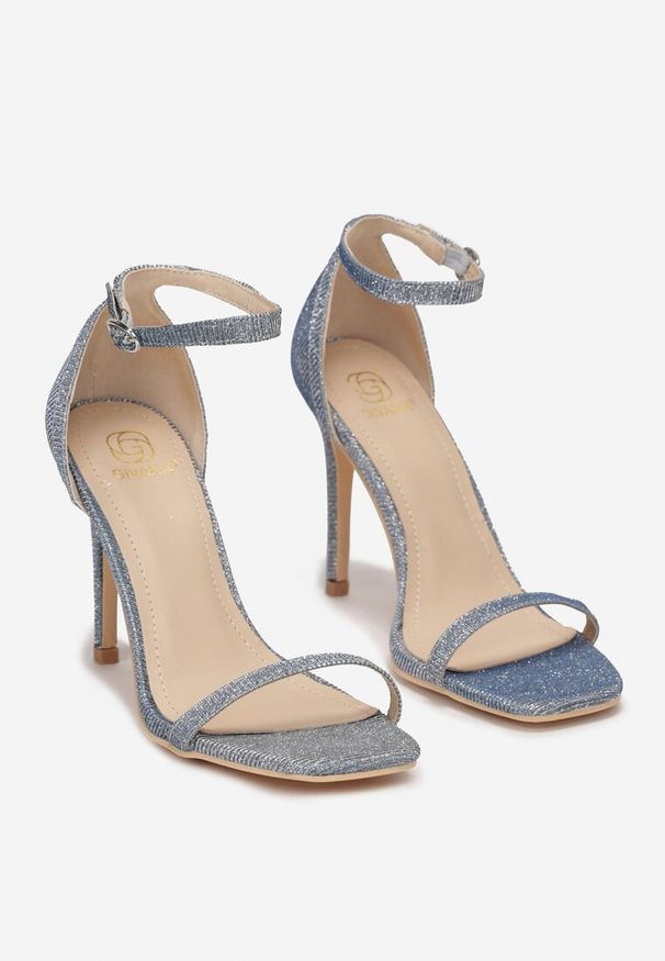 Born2be - Niebieskie Brokatowe Sandały na Szpilce z Cienkimi Paseczkami Hichash. Zapięcie: pasek. Kolor: niebieski. Wzór: aplikacja, paski. Obcas: na szpilce. Styl: elegancki. Wysokość obcasa: średni