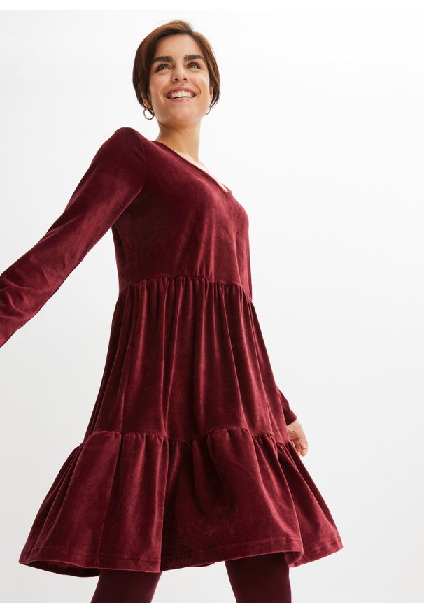 bonprix - Sukienka sztruksowa z długim rękawem. Kolor: czerwony. Materiał: sztruks. Długość rękawa: długi rękaw