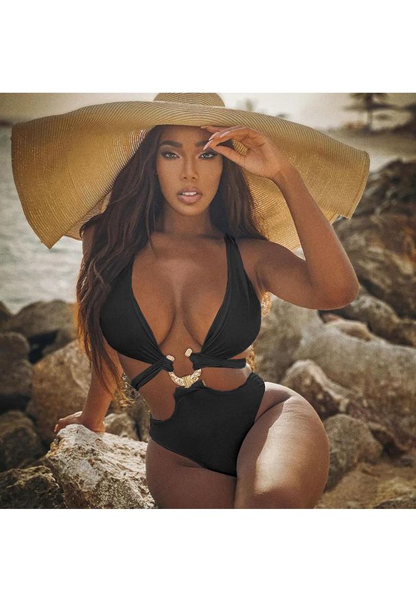 Intica - Strój kąpielowy z ozdobną klamrą elastyczny na plażę i basen G. Kolor: czarny. Materiał: materiał