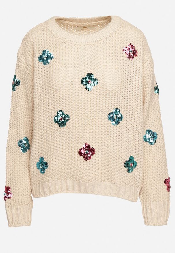 Born2be - Beżowy Sweter z Tłoczonej Dzianiny z Wiskozą Zdobiony Cekinowymi Kwiatami Edamara. Okazja: na co dzień. Kolor: beżowy. Materiał: dzianina, wiskoza. Długość rękawa: długi rękaw. Długość: długie. Wzór: aplikacja, kwiaty. Styl: wizytowy, klasyczny, casual